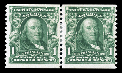 318, 1c Blue green coil, perf. 12 vert., mint pair, well centered for this experimental coil, deeply rich color, o.g., h.r. reinforces some perfs. very fine overall an
impressive pair of this early coil rarity 1966 PF certificate.