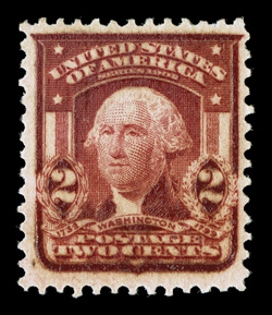 319 var., 2c Carmine, oily print, creating an incredibly deep and dark color, far darker than the lake shade, with a varnish-like surface, o.g., very fine a most unusual and
highly collectable variety 1998 PF certificate.