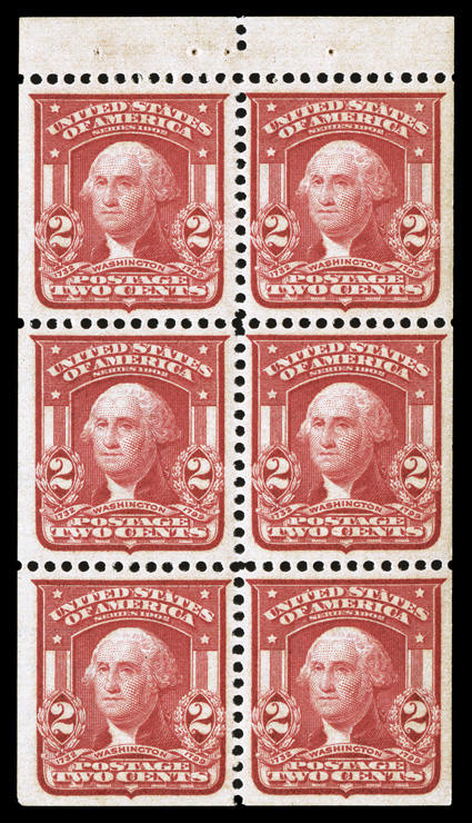 319g, 2c Carmine, Ty. I, booklet pane of six, exceedingly well centered and margined, which is most uncharacteristic of the early booklet panes, bright and fresh, o.g., never
hinged, extremely fine 2008 PSE certificate.