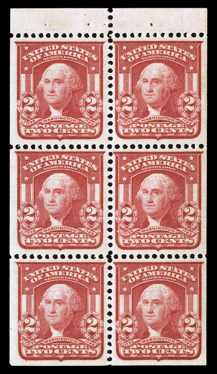 319g, 2c Carmine, Ty. I, booklet pane of six, another select quality pane, brilliant color, unusually well centered and margined, o.g., never hinged, extremely fine 2008 PSE
certificate.