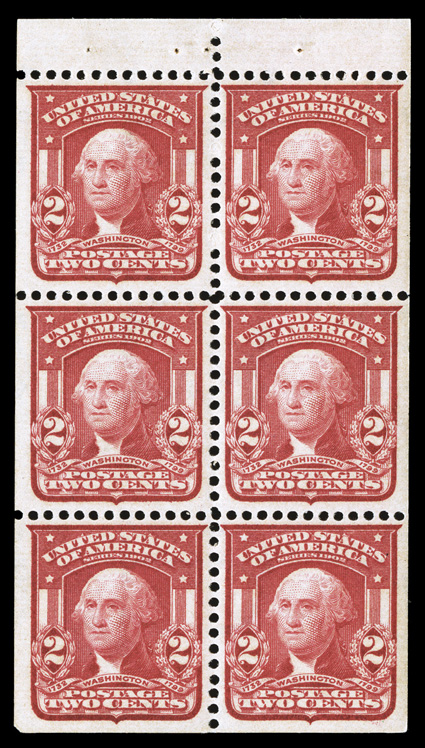 319g, 2c Carmine, Ty. I, booklet pane of six, uncommonly well centered, strong bright color, o.g., never hinged, choice very fine.