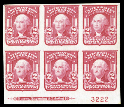 320c, 2c Carmine rose, Ty. I, imperforate, very scarce bottom margin imprint and plate no. 3222 block of six, large to very large margins, bright distinctive color, o.g., two
stamps never hinged, top left stamp with tiny thin speck and bottom le