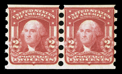 320 var., 2c Carmine imperforate, Mailometer Ty. II perforations, an especially select mint pair, possessing near perfect centering and with wonderfully rich color, o.g.,
lightly hinged, extremely fine one of the finest examples of this rare pa