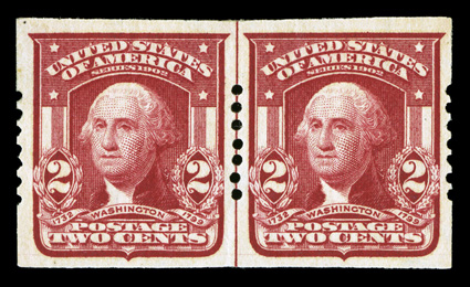 320a var., 2c Lake imperforate, Schermack Ty. Ia perforations (seven holes), a very rare guide line pair, incredibly well centered amid exceptionally large margins, sumptuously
rich color, o.g. that is just faintly disturbed, extremely fine