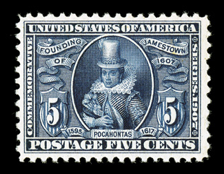 330, 5c Jamestown, well centered within unusually large margins, strong rich color, o.g., never hinged, choice very fine photocopy of a 1991 PF certificate for a block of four,
this being the bottom right stamp.