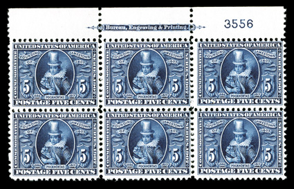 330, 5c Jamestown, top margin imprint and plate no. 3556 block of six, deep prooflike color and impression on pristine white paper, o.g., never hinged, fine a scarce plate
block in never hinged condition.