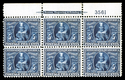 330, 5c Jamestown, top margin imprint and plate no. 3561 block of six, deep intense color, o.g., lightly hinged, a few rejoined perfs., fine.