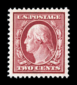 332, 2c Carmine, flawless mint single, possessing mathematically precise centering within huge balanced margins all around, deep fiery Carmine color and an incredibly detailed
impression on brilliantly fresh paper, pristine o.g.,never hinged,