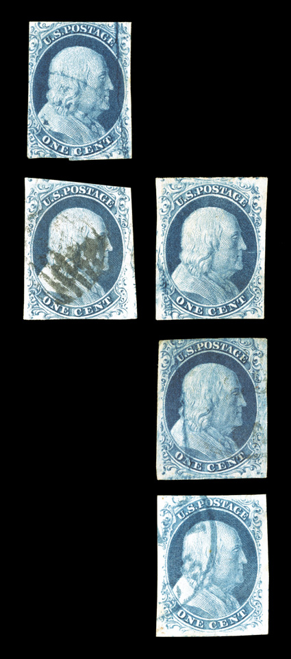 7 var., 1c Blue, Ty. II, the so-called Big Crack variety, reconstruction of the five positions that make up this important plate variety (2, 12-13, 23, 33L2), stamps are in
mixed condition but all were selected because they show the crack espe