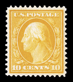 338, 10c Yellow, excellent centering within large margins, brilliant color, o.g., never hinged, extremely fine and quite choice 1999 PF certificate.