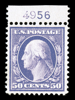 341, 50c Violet, top margin plate no. 4956 single, bright and fresh, well centered and margined, o.g., faint trace of hinging, extremely fine 1990 PSE certificate and a 2008
PSE certificate (VF-XF 85 OGph SMQ $365.00).