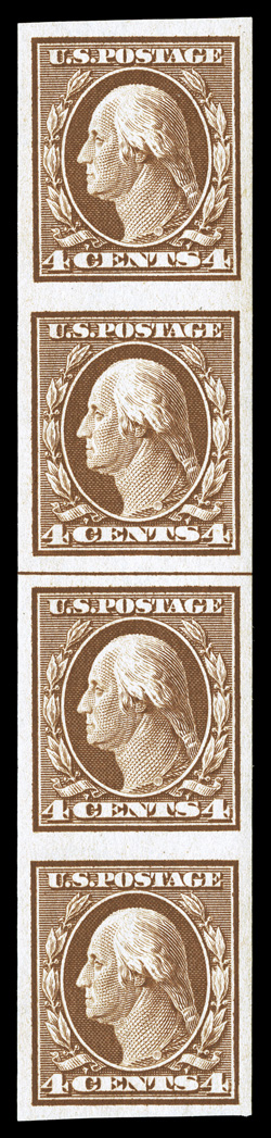 346V, 4c Orange brown imperforate vertical coil, guide line strip of four, large balanced margins, rich color, o.g., middle stamps never hinged, end stamp with h.r., very fine
and scarce 2007 PF certificate.