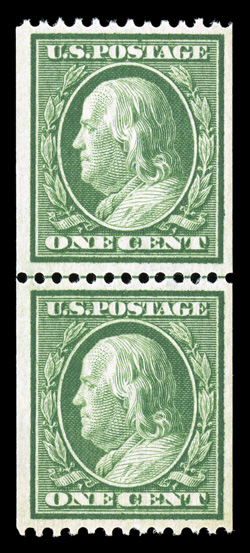 348, 1c Green coil, perf. 12 horiz., handsome guide line pair, exceedingly well centered, rich color, o.g., never hinged, extremely fine 2003 PF certificate.