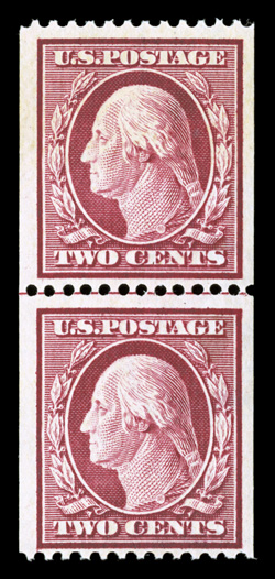 349, 2c Carmine coil, perf. 12 horiz., select and well centered mint guide line pair, exceptionally fresh with strong bright carmine color, full clean o.g. with just the barest
trace of hinging, very fine 1995 PF certificate for guide line stri