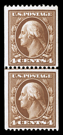 350, 4c Orange brown coil, perf. 12 horiz., guide line pair, particularly fresh with lovely deep color and crisp impression, well centered, o.g., lightly hinged in top stamp,
bottom stamp n.h., very fine 1996 PF certificate.