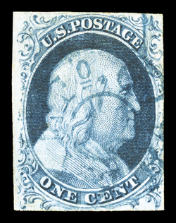 7 var., 1c Blue, Ty. II, the so-called Big Crack variety, position 2L2, showing the prominent crack at top right, deeply rich color and a well defined impression on fresh paper,
full margins all around, light blue c.d.s. cancel, very fine