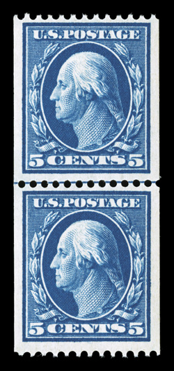 351, 5c Blue coil, perf. 12 horiz., guide line pair, deep intense color, well centered within large margins, o.g., top stamp h.r., bottom stamp never hinged, very fine 2009 PSE
certificate.