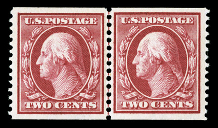 353, 2c Carmine coil, perf. 12 vert., a particularly handsome guide line pair, being marvelously well centered within large margin, deep fiery color on fresh paper, o.g.,
lightly hinged, extremely fine 2003 PF certificate.