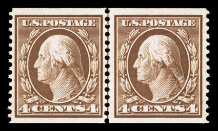 354, 4c Orange brown coil, perf. 12 vert., attractive guide line pair, particularly well centered and margined for this, deep luxuriant color, o.g., barest trace of hinging,
very fine a choice example of this truly scarce line pair 1993 PF cer