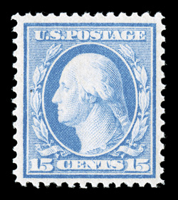 366, 15c Pale ultramarine on bluish paper, desirable post office fresh mint example, with wonderfully bright color and a clean impression, nicely centered, unblemished o.g.,
never hinged, very fine never hinged copies are especially difficult