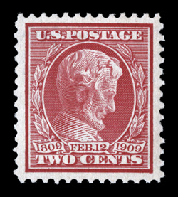 369, 2c Lincoln on bluish paper, exceedingly well centered amid especially wide margins, strong color and impression, pristine o.g., never hinged, extremely fine and choice
2009 PSE certificate (XF-Superb 95 SMQ $1,300.00).