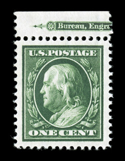 374, 1c Green, a stunning top sheet-margin partial imprint single, possessing the largest margins imaginable and being perfectly centered within them, truly prooflike color and
impression, o.g., never hinged, superb a spectacular jumbo 1999 PF