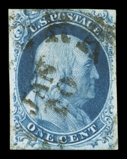 7 var., 1c Blue, Ty. II, the so-called Big Crack variety, pos. 23L2, a used single displaying a huge plate crack running vertically along the entire length of the stamp, a
lovely example of this variety, with four well balanced margins, pl
