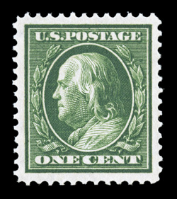 374, 1c Green, excellent centering within especially large margins, gorgeous rich color and a deeply etched impression, o.g., never hinged., an extremely fine gem 2007 PSE
certificate (XF-Superb 95 Jumbo SMQ $195.00 for 95 and $770.00 for 98).