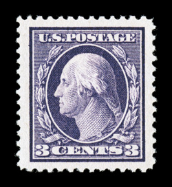 376, 3c Deep violet, Ty. I, an eye-arresting jumbo-margined mint example, featuring massive margins all around and being extraordinarily well centered within them, deep
luxuriant color and a crisp impression, o.g., never hinged, extremely fine g