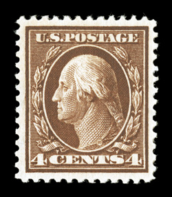 377, 4c Brown, exceedingly well centered within large margins, strong rich color and a well defined impression, flawless o.g., never hinged, extremely fine a highly select
example 2003 PSE certificate (XF-Superb 95 SMQ $800.00).