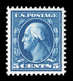 378, 5c Blue, exceptionally well centered within uncharacteristically large margins, deeply rich color and a strong detailed impression, o.g., never hinged, an extremely fine
gem 1996 PF certificate and a 2007 PSE certificate (XF-Superb 95 SMQ