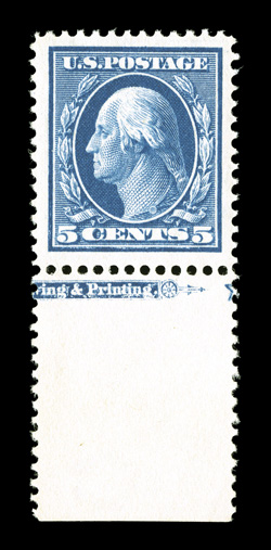 378, 5c Blue, an eye-catching jumbo, being a large bottom sheet margin partial imprint single, beautifully centered within absolutely huge margins on all four sides, plus it
possesses a spectacular dark intense color and sharp detailed impressio