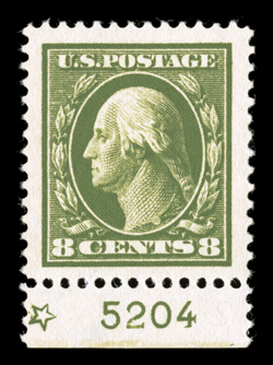 380, 8c Olive green, a visually stunning bottom sheet-margin plate no. 5204 single, possessing the most gigantic jumbo margins imaginable and being incredibly well centered
within this vast expanse, gorgeous intense color and impression, o.g., l