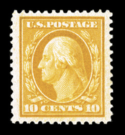 381, 10c Yellow, a fabulous mint single that possesses enormously large margins and is remarkably well centered within these impressive borders, intense color, unblemished
o.g., never hinged, extremely fine a striking gem 1996 PSE, 2000 PF and