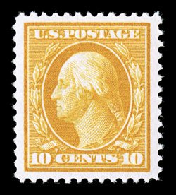 381, 10c Yellow, perfectly centered within extravagantly large margins, brilliant color, o.g., relatively lightly hinged, an extremely fine gem 2009 PSE certificate (Superb 98
Jumbo OGh SMQ $620.00 for 98) only two grade higher.