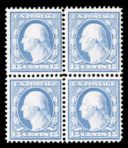 382, 15c Pale ultramarine, mint block of four, wonderfully bright and fresh, o.g., never hinged, minute gum skip on the bottom right stamp, fine-very fine.