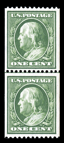 385, 1c Green coil, perf. 12 horiz., guide line pair, well centered and margined, strong color, o.g., never hinged, very fine-extremely fine 1990 PF certificate and a 2006 PF
certificate (VF-XF 85).