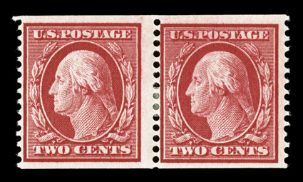 388, 2c Carmine coil, perf. 12 vert., mint pair with 3mm spacing, vivid color, o.g., small h.r., a fine pair of this rare coil 1990 APS certificate.