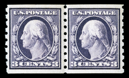 394, 3c Deep violet coil, perf. 8 ½ vert., mint pair, nicely centered, rich color, o.g., never hinged, very fine 2009 PSE certificate.