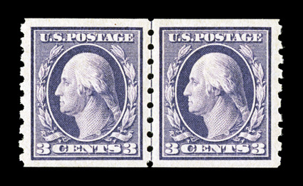394, 3c Deep violet coil, perf. 8½ vert., guide line pair, excellent centering though reperforated at left, deep rich color, o.g., lightly hinged, extremely fine appearance
clear 2001 PF certificate and a 2009 PSE certificate.