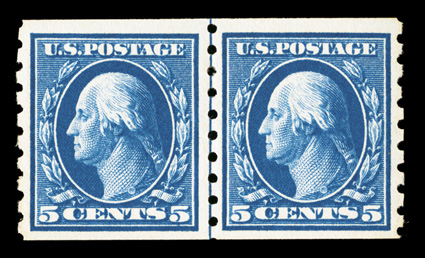 396, 5c Blue coil, perf. 8½ vert., quite well centered guide line pair, rich color, o.g., lightly hinged, choice very fine 1992 PF certificate ex-Chappaqua.