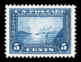 399, 5c Panama-Pacific, an especially desirable mint example, being extraordinarily well centered within remarkably wide margins, plus it color is especially deep and intense,
while its impression is razor sharp on fresh bright paper, unblemishe