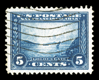 399, 5c Panama-Pacific, beautifully centered within uncommonly large margins, brilliantly fresh color, lightly cancelled, extremely fine 2008 PSE certificate (XF-Superb 95 SMQ
$210.00).