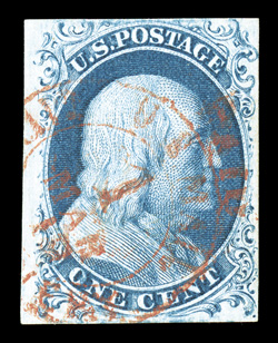 7 var., 1c Blue, Ty. II, Plate 3, position 86L3, ample to large margins all around, beautiful rich color and a crisp impression on bright paper, wonderfully cancelled by a red
New York carrier c.d.s., very fine an attractive example from th