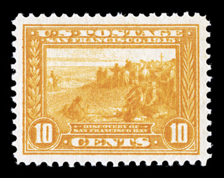 400, 10c Panama-Pacific, orange yellow, extraordinarily well centered within uncharacteristically wide margins, bright fresh color, o.g., never hinged, extremely fine a highly
select example 1998 PF certificate.