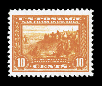 400A, 10c Panama-Pacific, orange, a brilliant mint single, possessing especially vivid color and an intense impression on immaculate white paper, excellent centering within
extraordinarily large margins (especially at top and bottom), o.g., neve