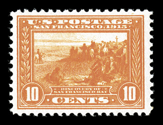 400A, 10c Panama-Pacific, orange, deep vibrant color and a strong impression, well centered and margined, o.g., never hinged, choice very fine 2008 PF certificate (VF-XF
85)