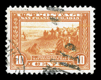 400A, 10c Panama-Pacific, orange, eye-catching used single, with brilliant color on pristine white paper, remarkably well centered amid particularly large margins, neat duplex
cancel, extremely fine 2008 PSE certificate (XF-Superb 95 SMQ $235.