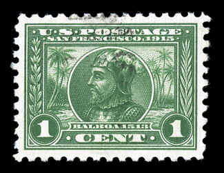 401, 1c Panama-Pacific, perf. 10, used, large and exceptionally well balanced margins all around, rich color on fresh paper, very light cancel, extremely fine 2008 PSE
certificate (XF-Superb 95 SMQ $195.00).