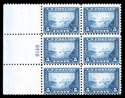 403, 5c Panama-Pacific, perf. 10, full left margin plate no. 6138 block of six, rich color, o.g., never hinged, a few natural gum skips, fine a scarce commemorative plate
block.